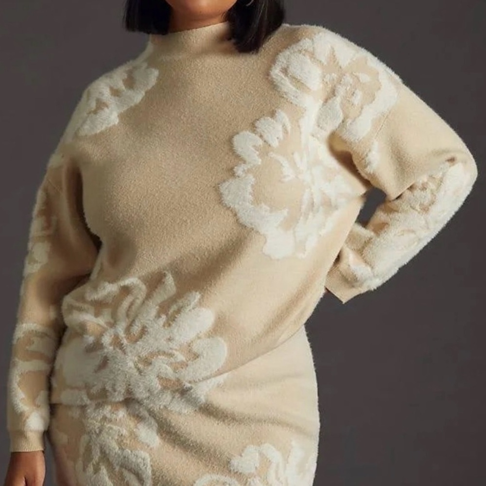 Anthropologie Oversized Beige Floral Sweater Knit Pullover‎ Women’s Neutral Boho